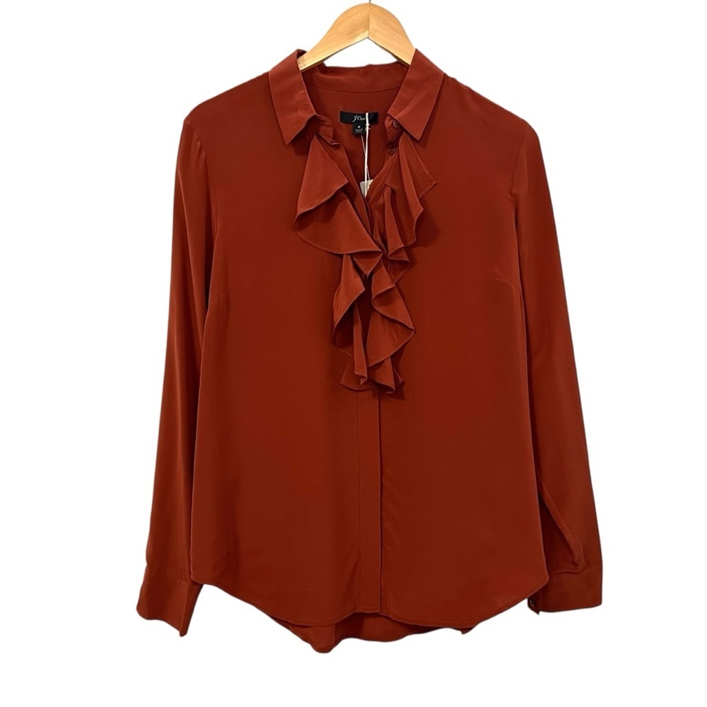 J. Crew Womens Ruffle Front 100% Silk Button Up Blouse Sz 8 Rust Long Sleeve NWT